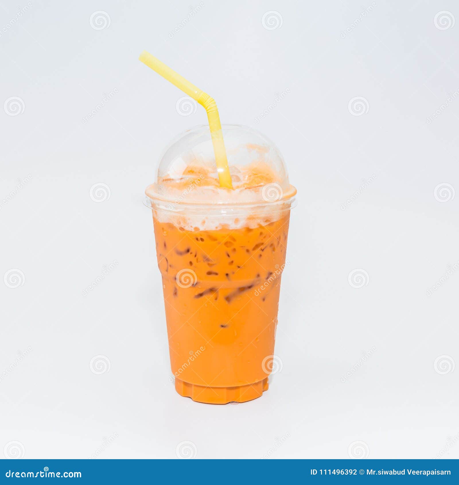 Thai Tea In Plastic Glass On White Background, Iced Milk Tea Or Stock