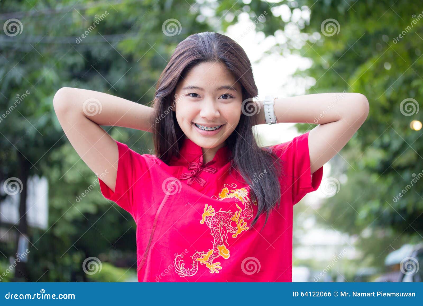 Thai Teen Beautiful Girl In Chinese Dress Relax And Smile