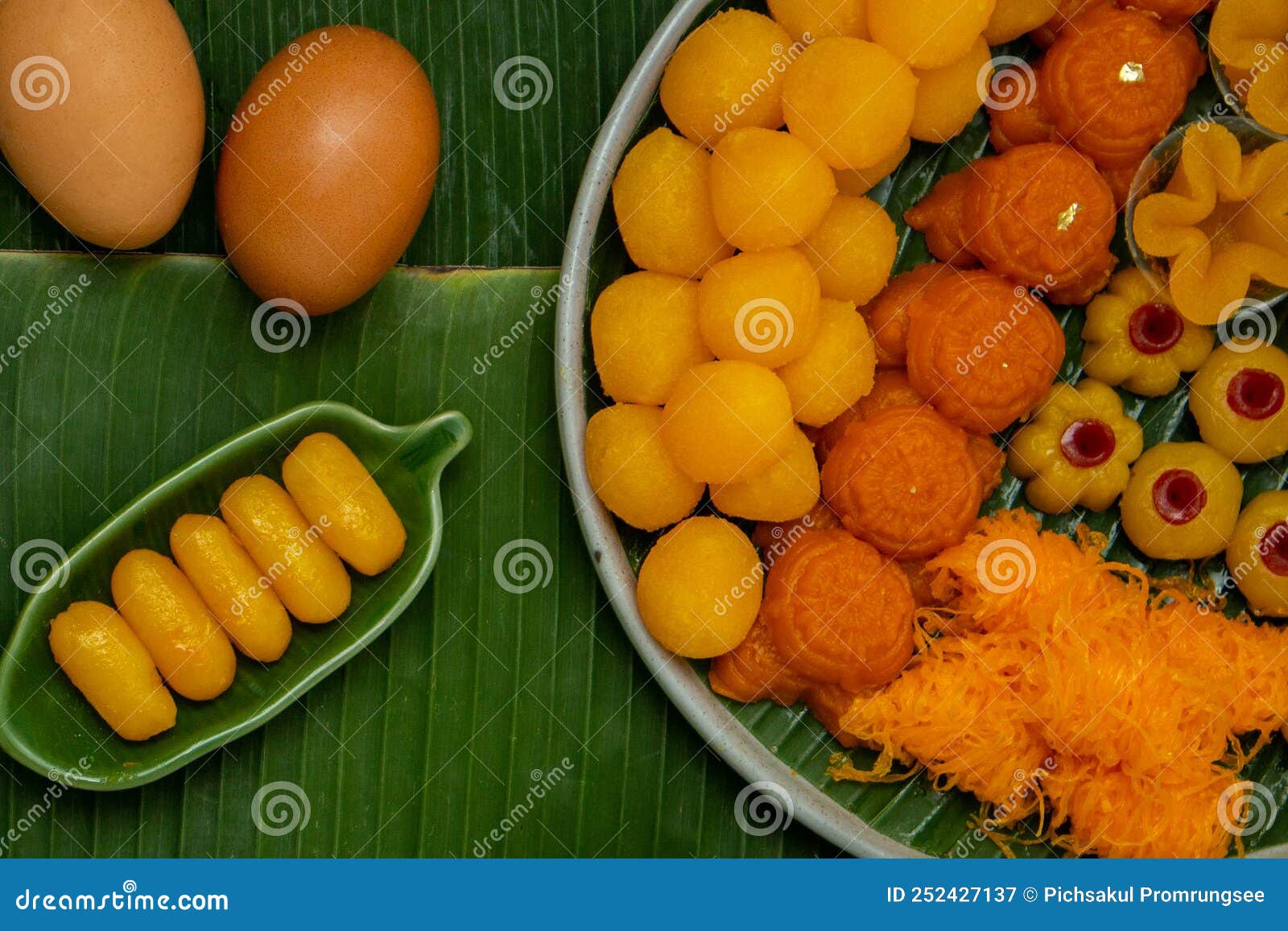 thai traditional dessert concept, various thai desserts made from egg yolks and sugar in plate