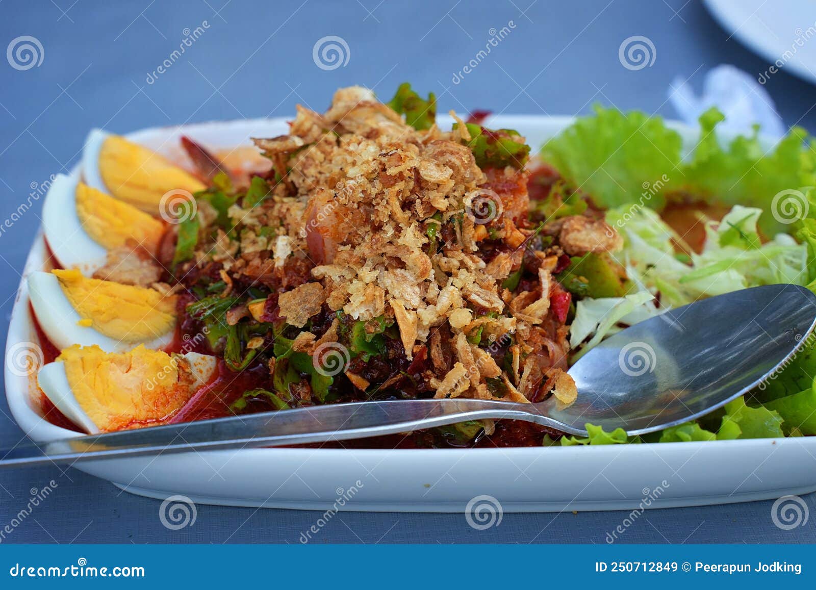 Thai Wing Bean Shrimp Salad with Mediumboiled Eggs Stock Image Image