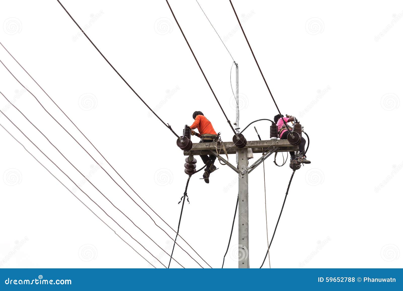 Thai Worker On Electric Pole For Install New Cable Isolated On W Stock