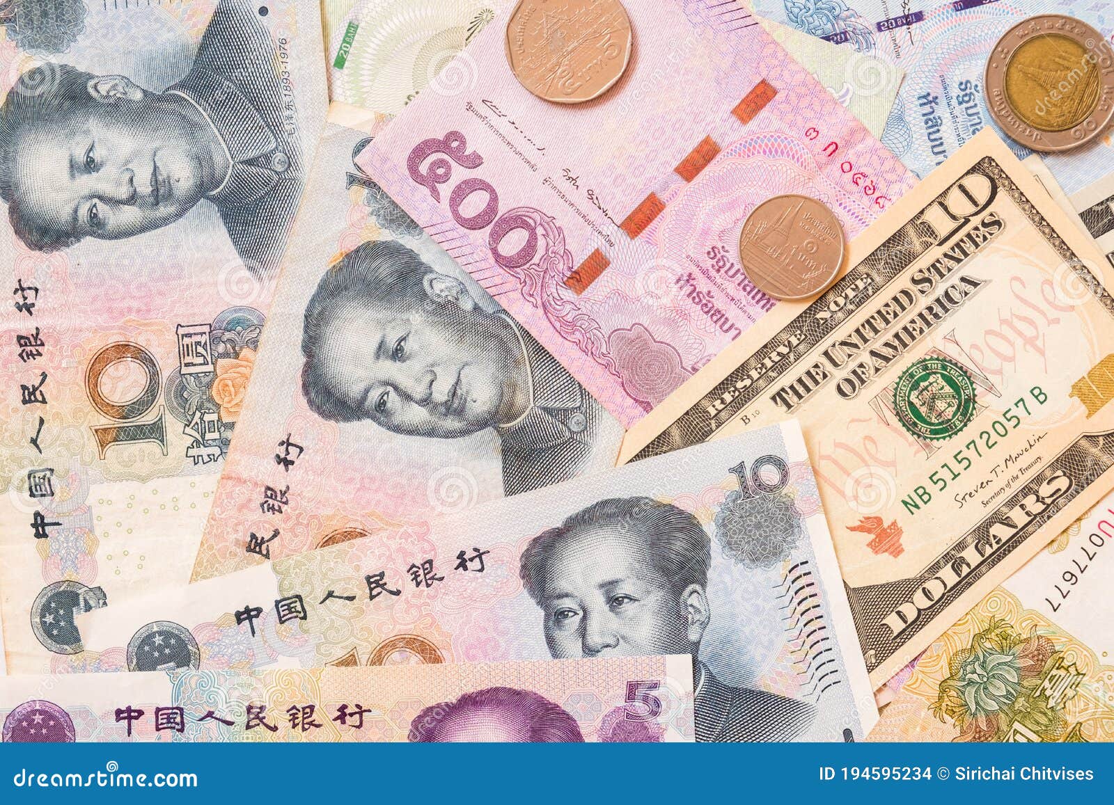 Thailand Baht Chinese Yuan US Dollar Banknotes And Thailand Baht Coin thailand-baht-chinese-yuan-us-dollar-banknotes-and-thailand-baht-coin