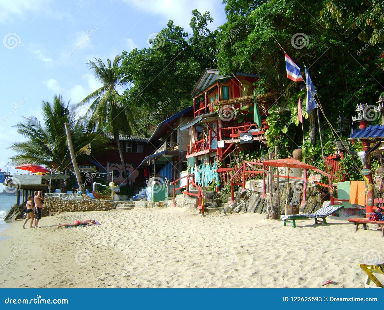 Thailand Tropical Sand Beach Hut With Clourful Furniture Trees