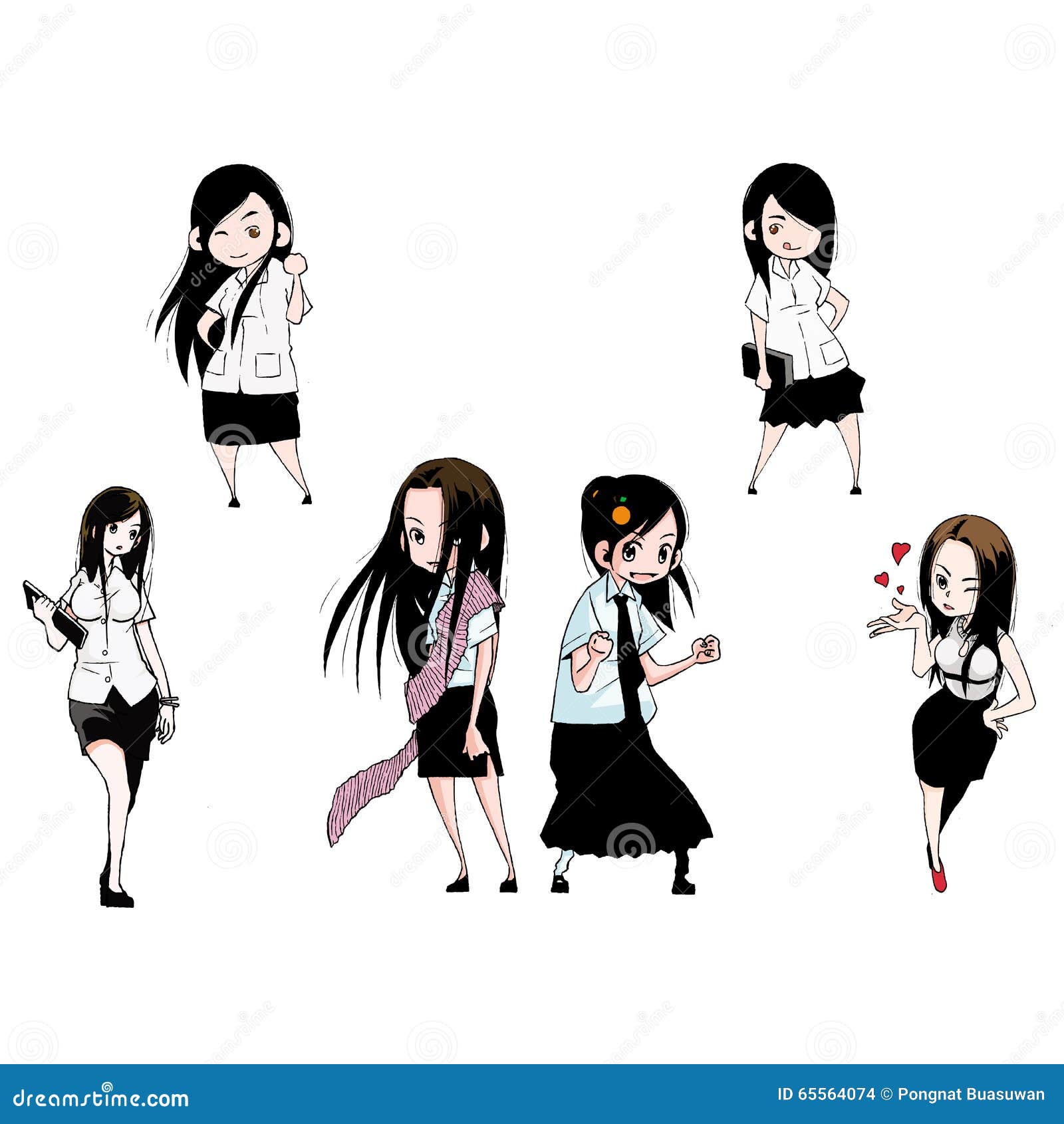 Anime girls. Beautiful japanese manga schoolgirls in uniform, lolita style dress, overalls and hoodie. Happy kawaii female poses vector set Stock Vector