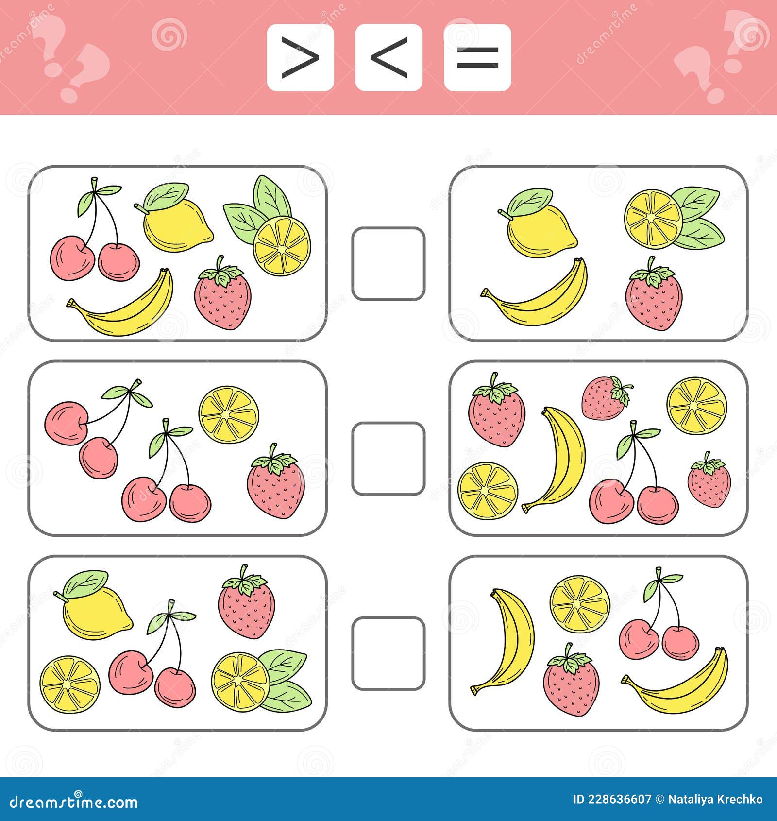 Less Than, Greater Than, Equal. Count As Many Fruits in the Picture