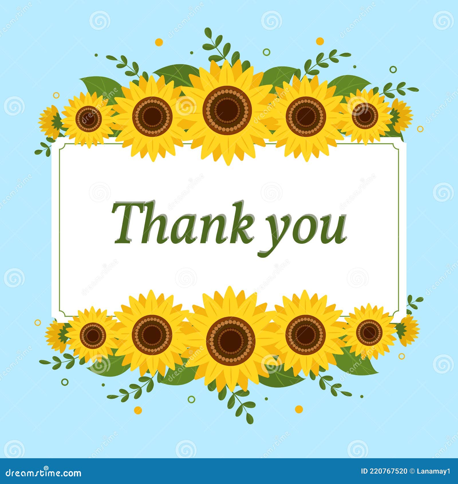 Thank You Card Rectangular White Frame with Sunflowers on a Blue
