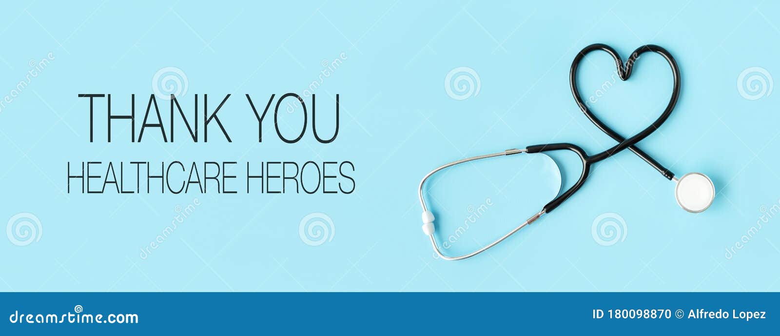 thank you healthcare heroes message with stethoscope forming a heart on pastel blue background