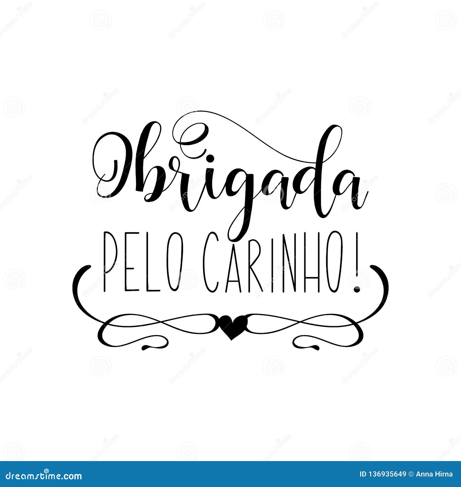 thank you lettering card. translation from portuguese - thank you for the affection. obrigada pelo carinho