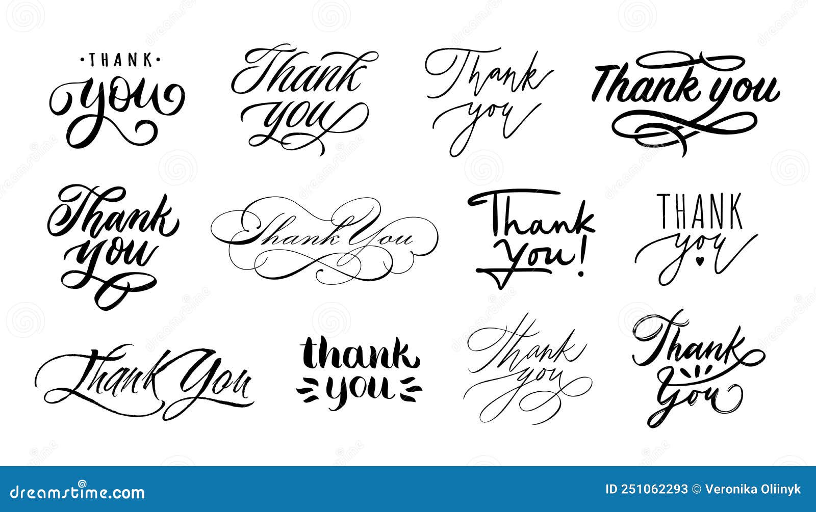 thank you lettering. handwritten calligraphic words of thanks, thanking tags for letter or card   set