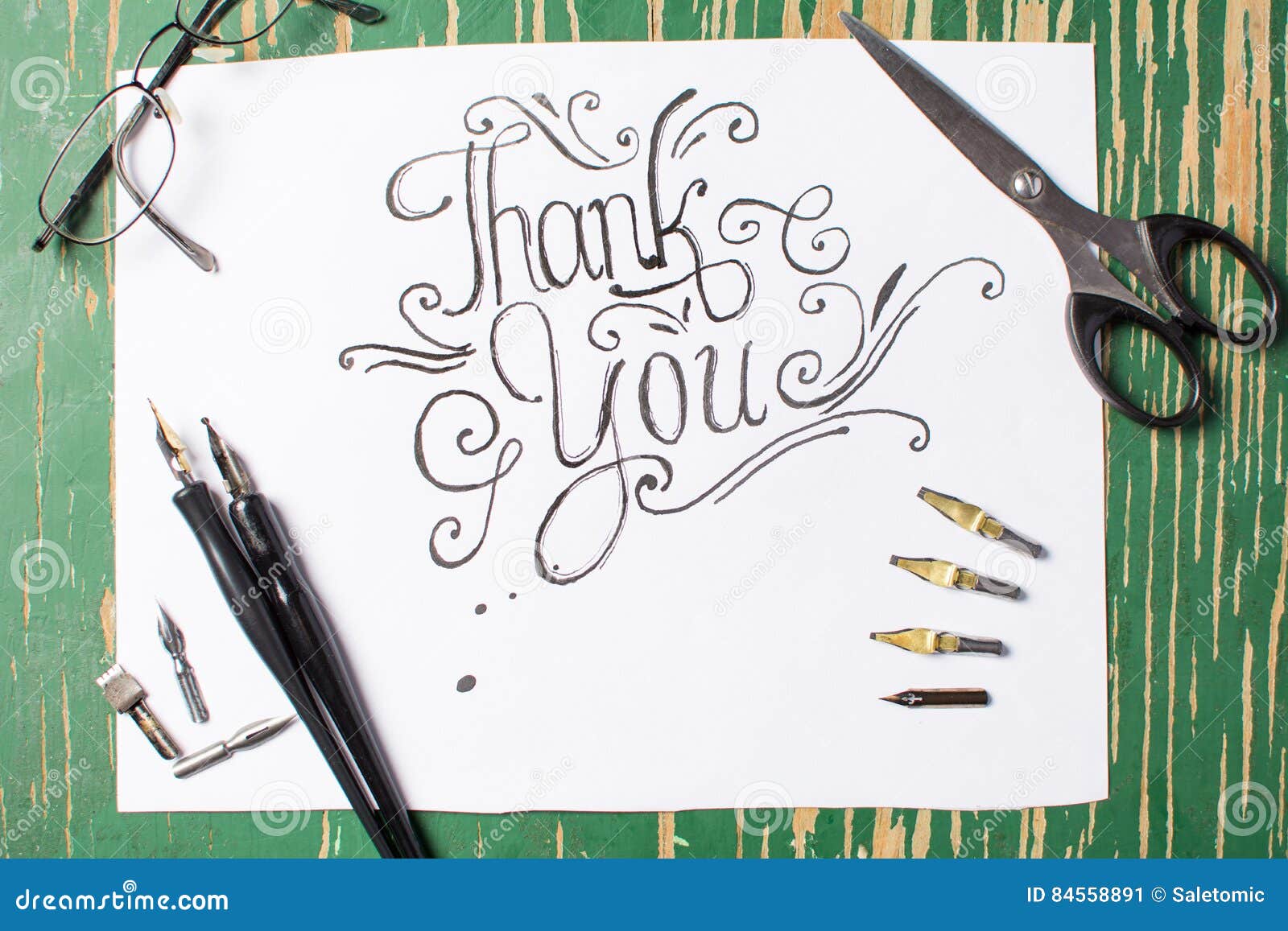 Thank You Note Calligraphy with Writing Equipment Stock Image Image