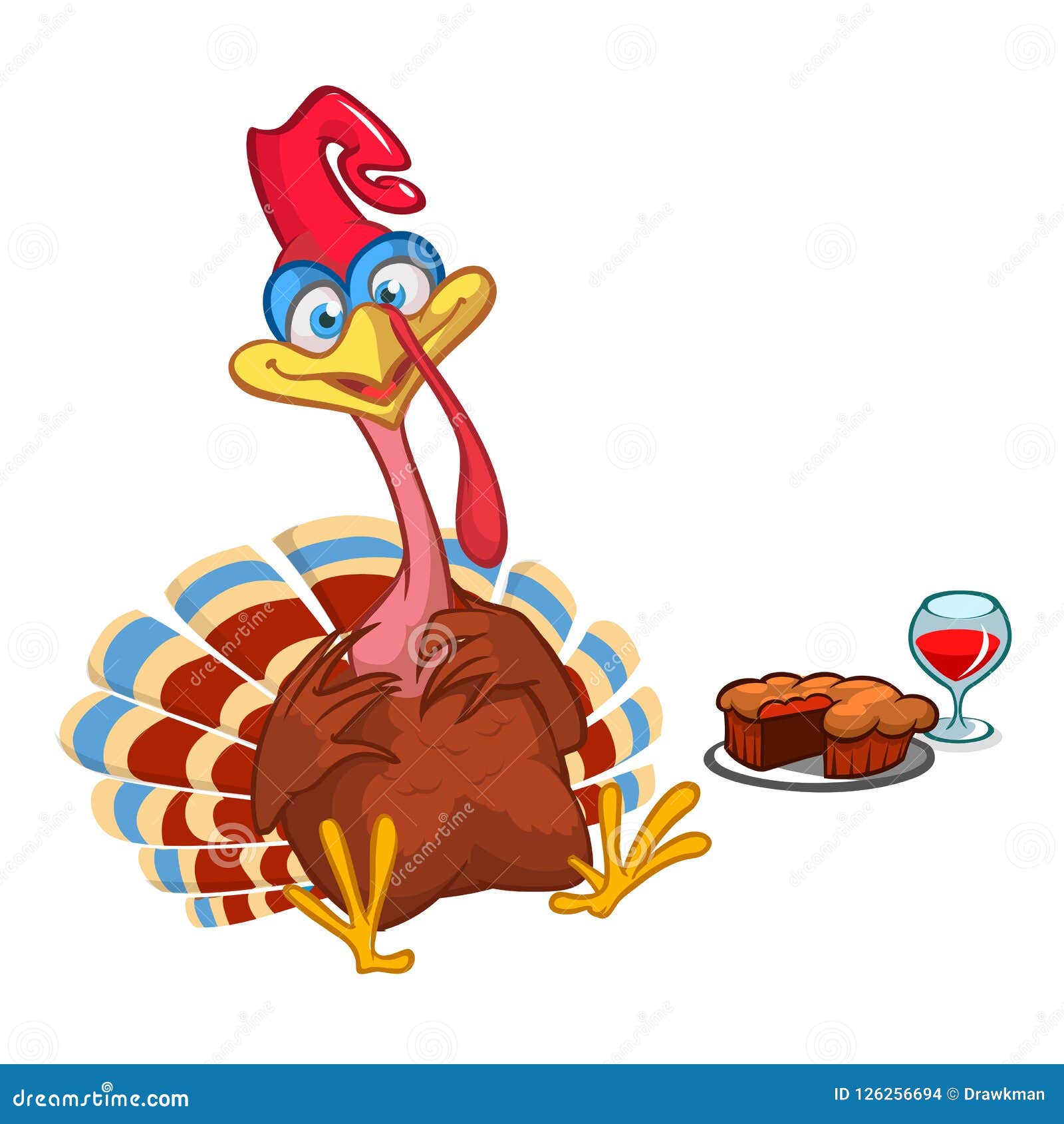 Thanksgiving Cartoon Turkey Bird with a Pie and Wine. Vector Illustration  of Funny Turkey Character Clipart. Stock Vector - Illustration of animal,  cute: 126256694