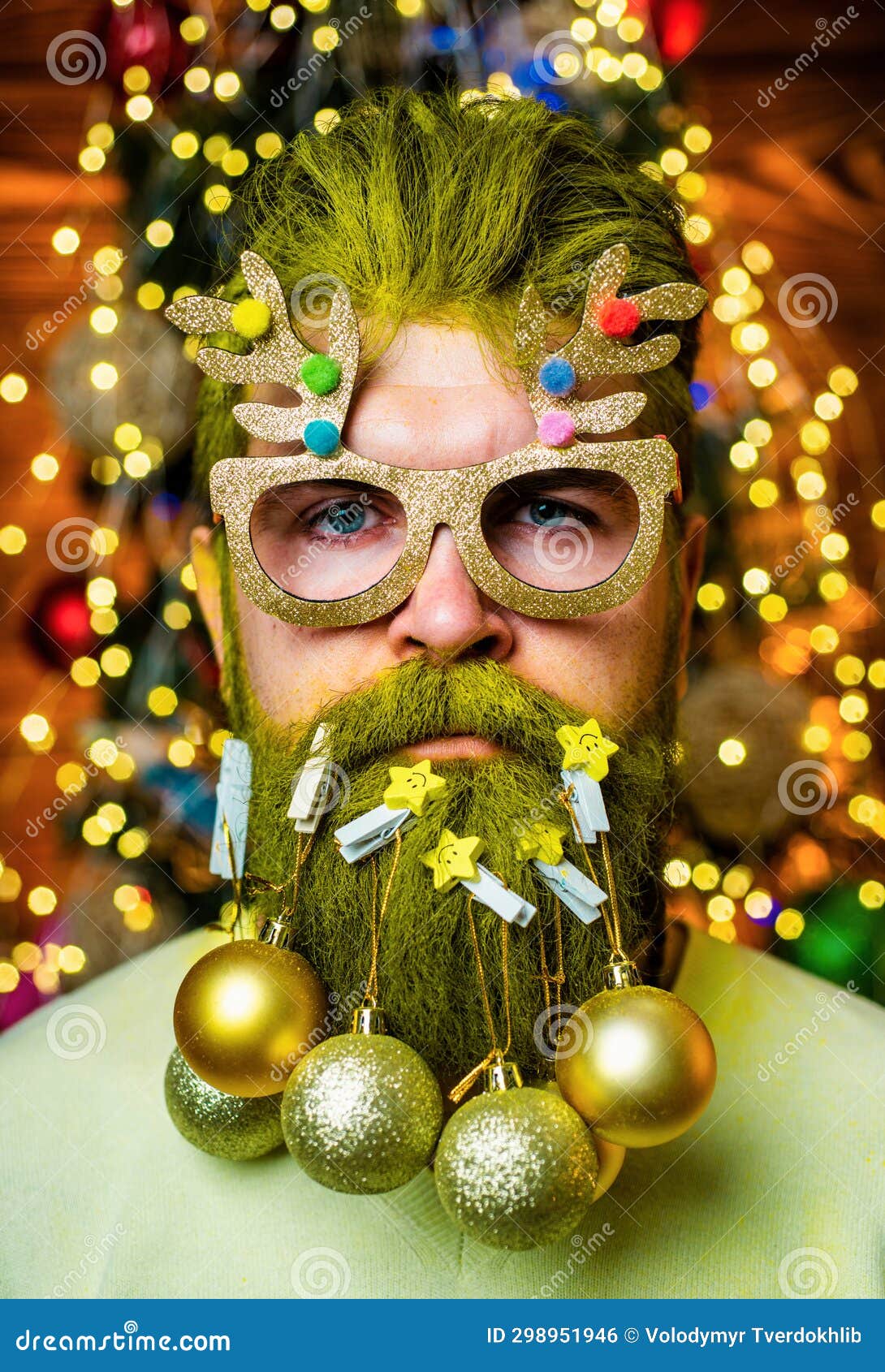 Thanksgiving Day And Christmas Portrait Of A Brutal Mature Santa Claus Beard With Bauble Stock