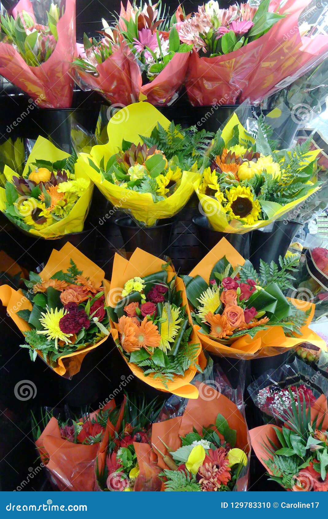 Thanksgiving Day Packaged Flower Bouquets on Display Stock Photo ...