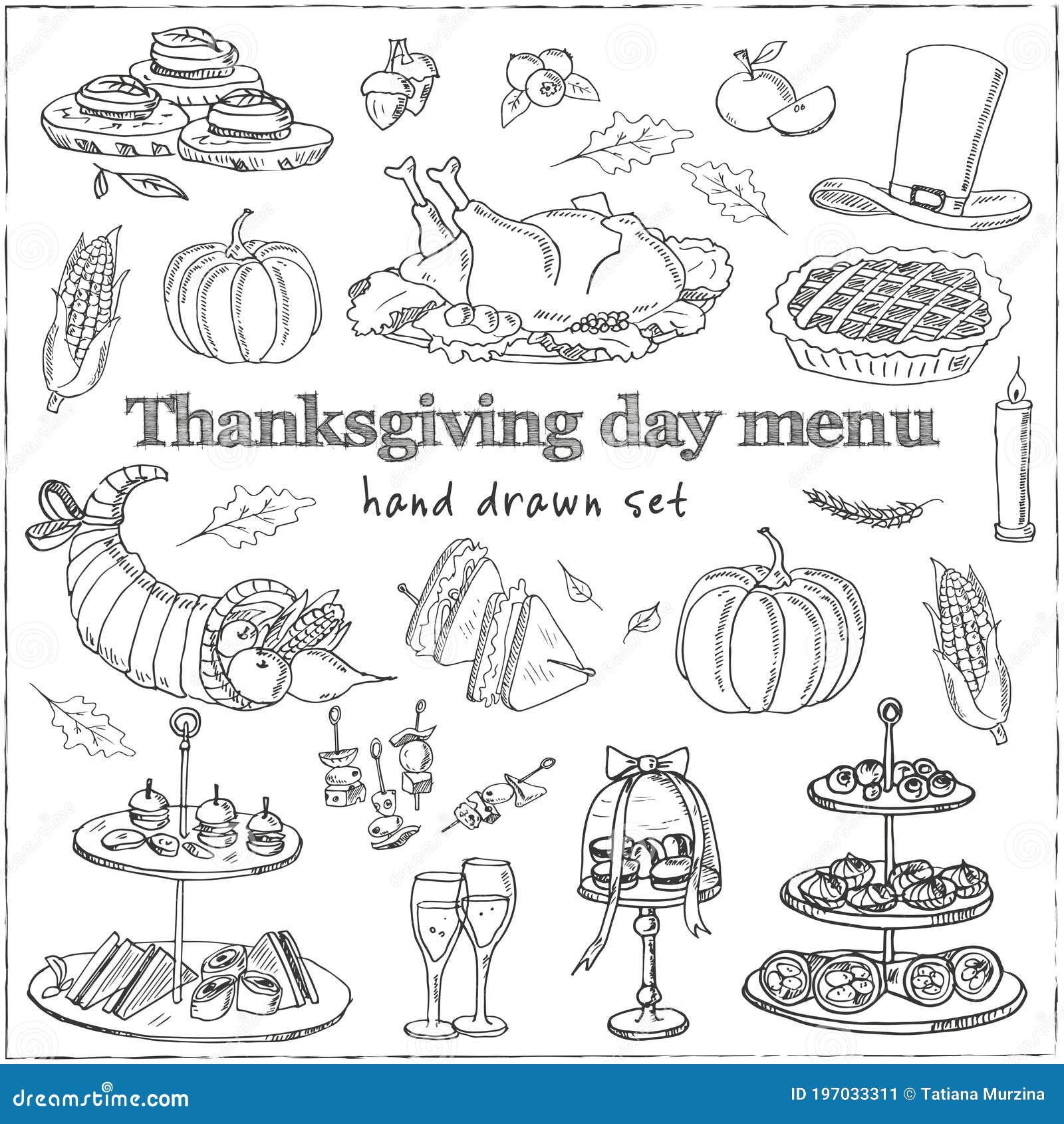 Thanksgiving Day Menu Doodle Icons Vector Illustration on Chalkboard ...