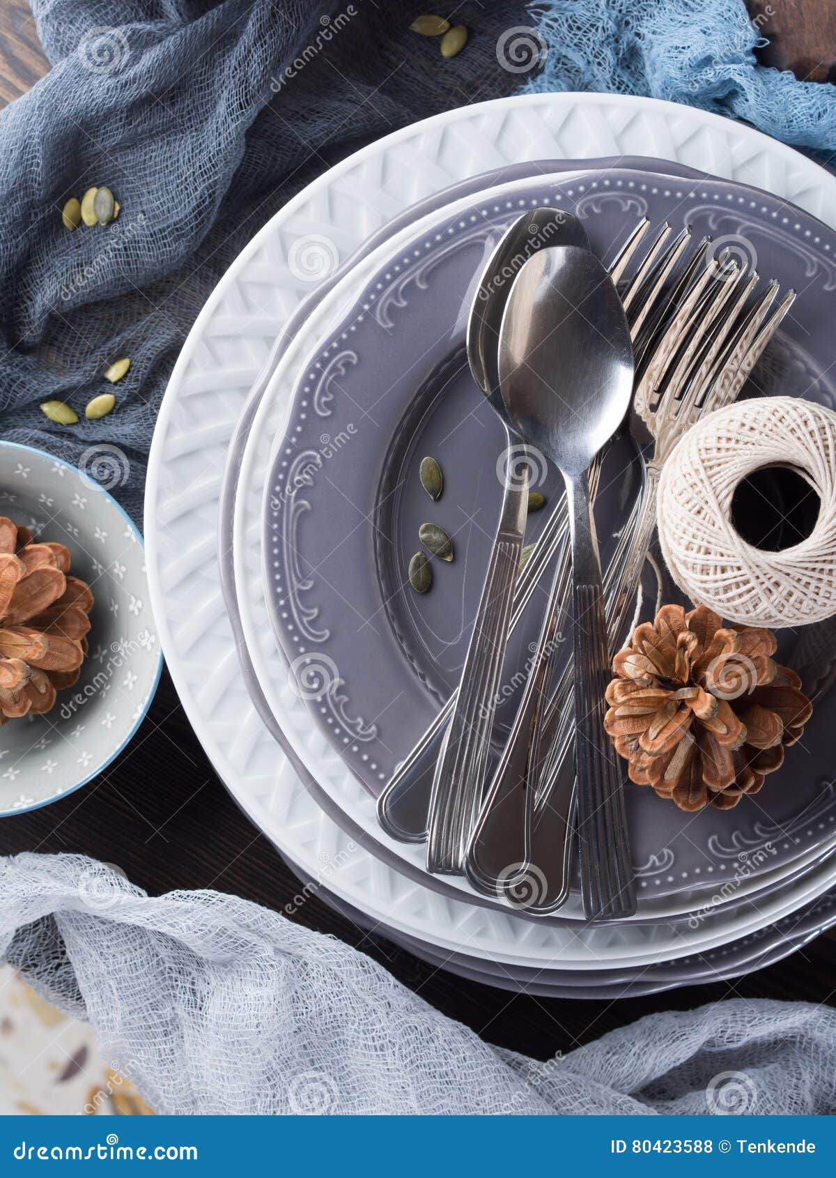 Thanksgiving Dinner Still Life with Plates and Cutlery Stock Photo ...