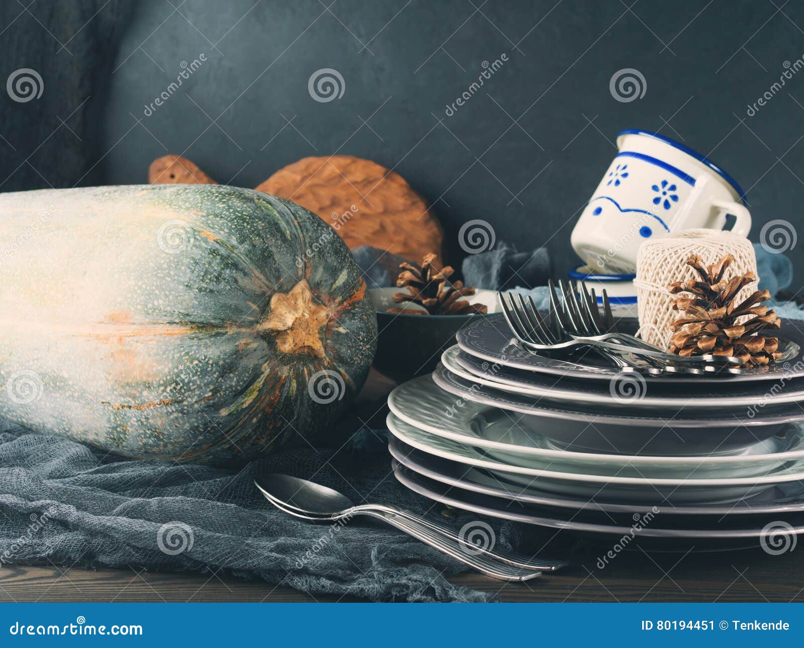 Thanksgiving Dinner Still Life with Plates on Dark Background Stock ...