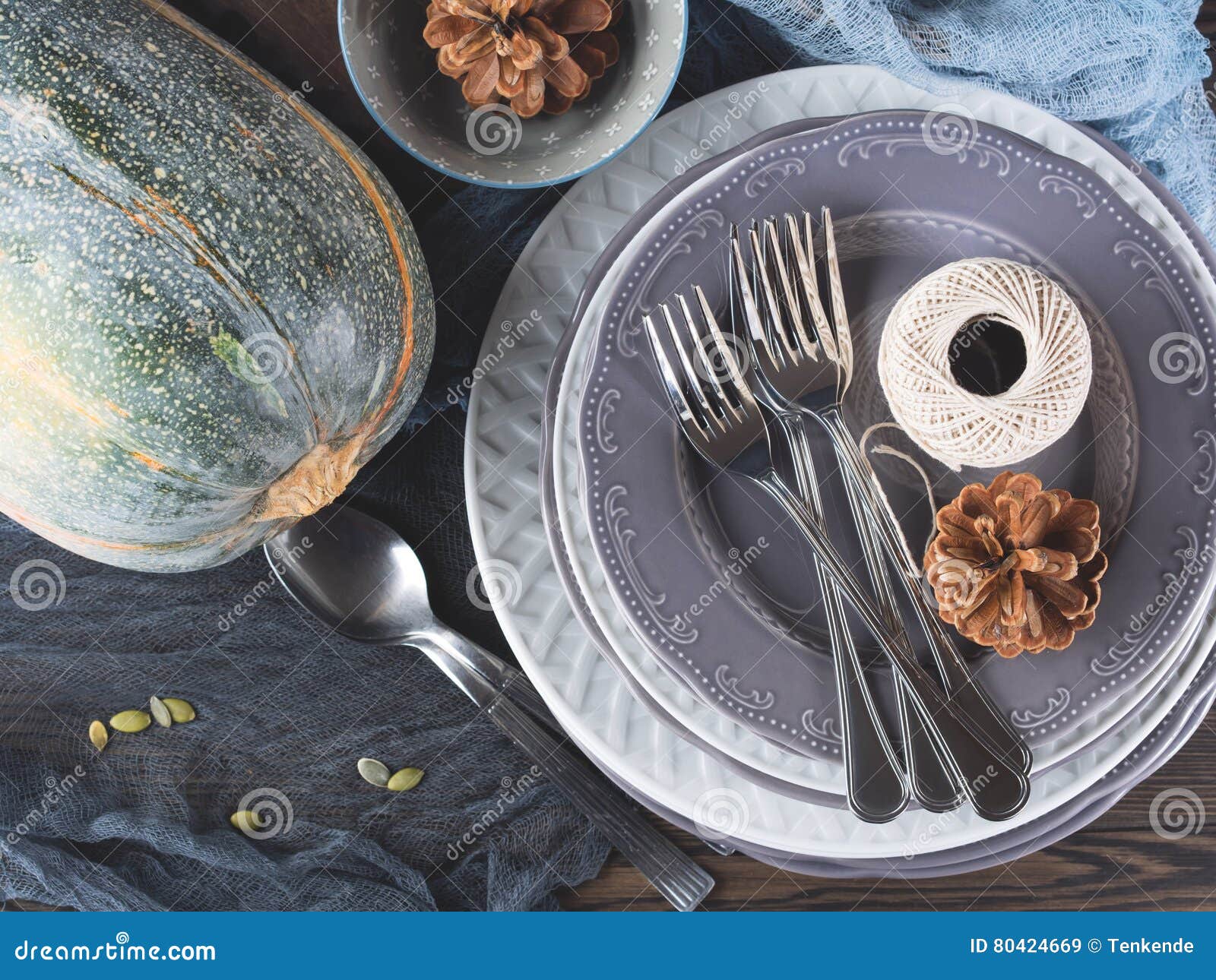 Thanksgiving Dinner Still Life with Plates. Top View Stock Image ...