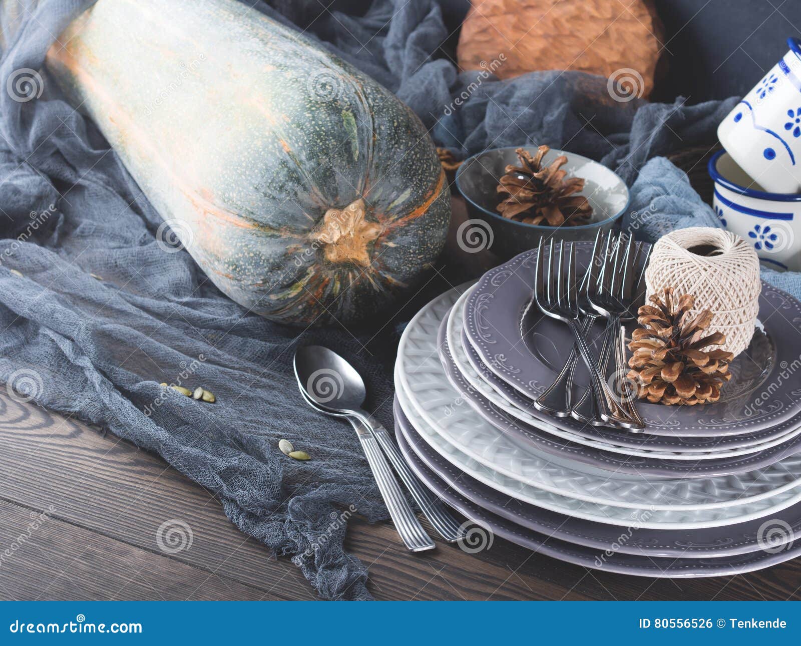 Thanksgiving Dinner Still Life with Tableware and Cutlery Stock Photo ...