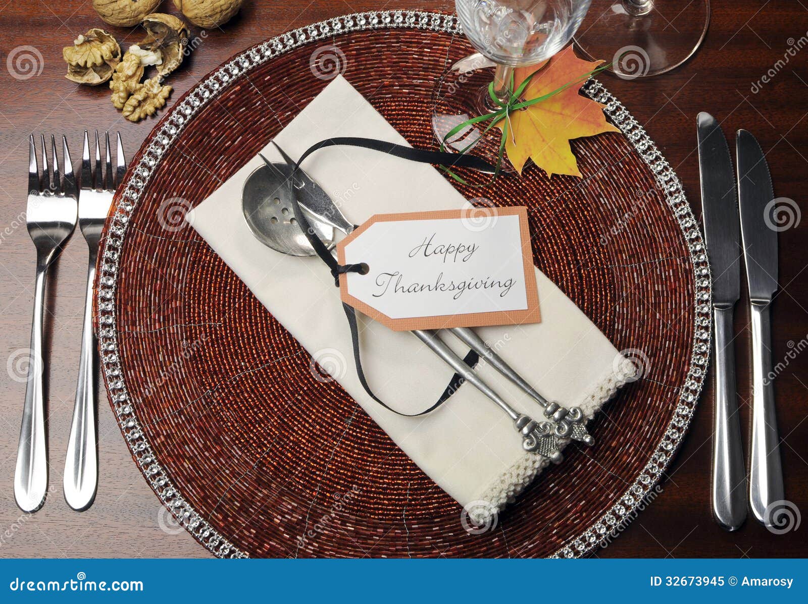 Thanksgiving Dinner Table Place Setting - Aerial View Stock Image