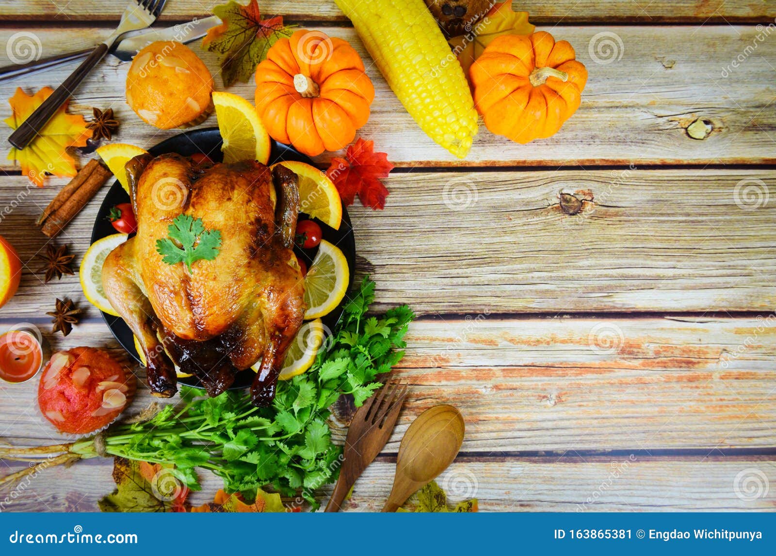 Thanksgiving Dinner with Turkey Vegetable Fruit Served on Holiday ...