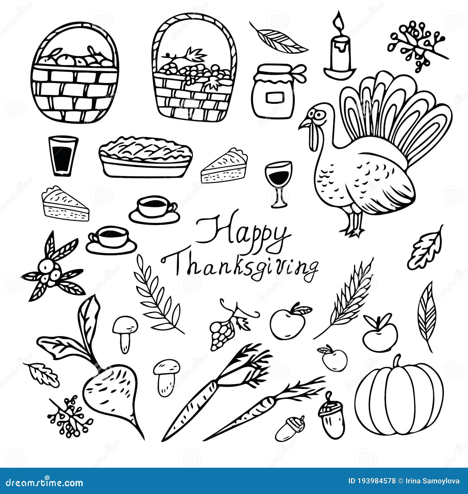 Thanksgiving Doodle Set Graphic. Set of Elements Hand Drawn in ...