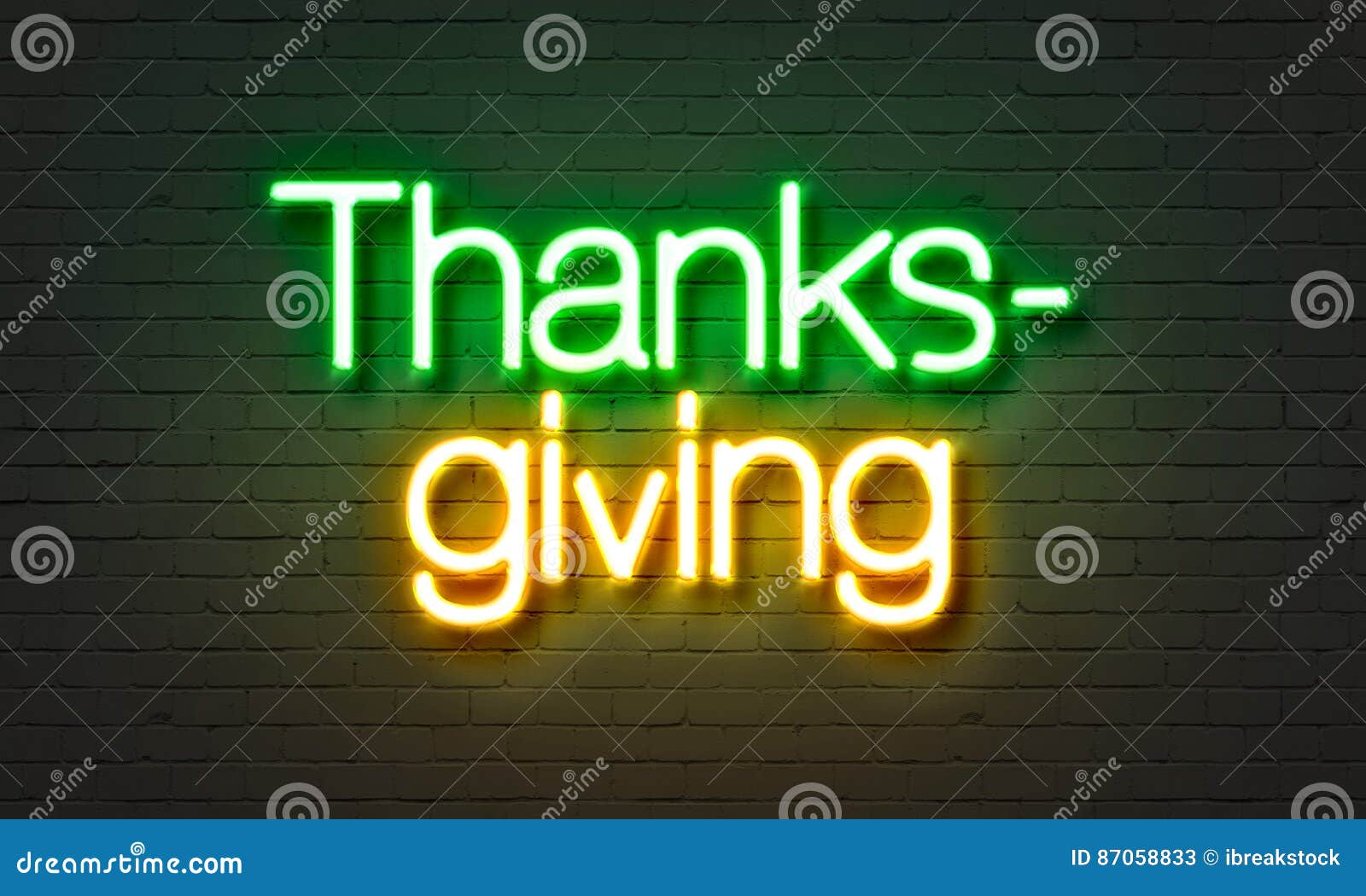Thanksgiving Neon Sign on Brick Wall Background. Stock Image - Image of
