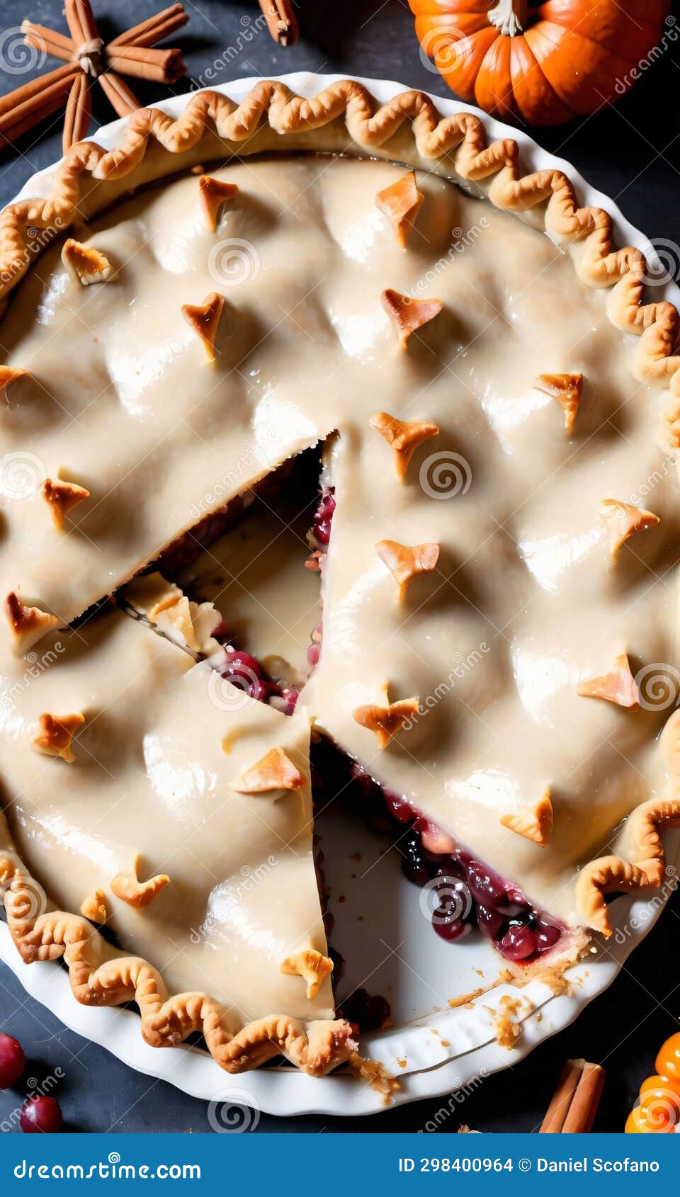 thanksgiving pie with a slice missing, revealing the fillin. generative ai