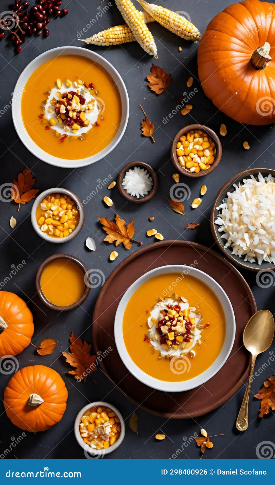thanksgiving pumpkin and corn kernel soup with coconu. generative ai