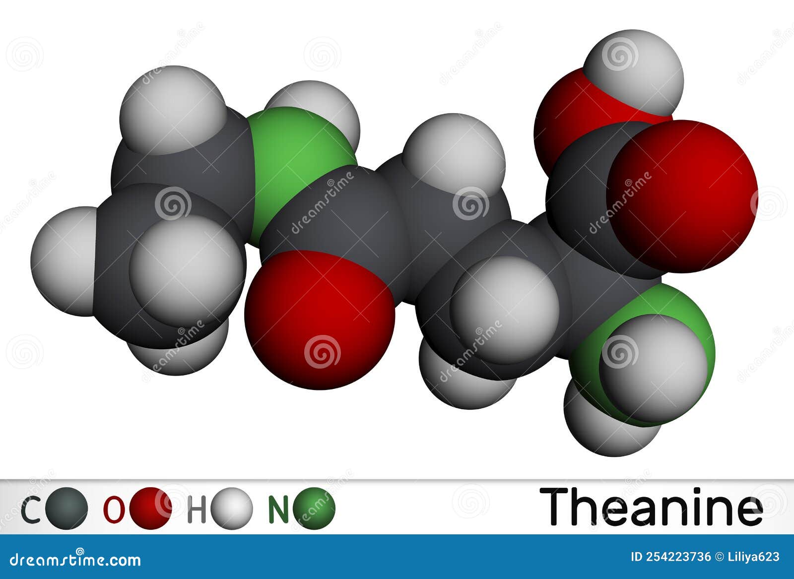 theanine, theanin molecule. it is neuroprotective agent, plant metabolite, is found in green tea. molecular model. 3d rendering