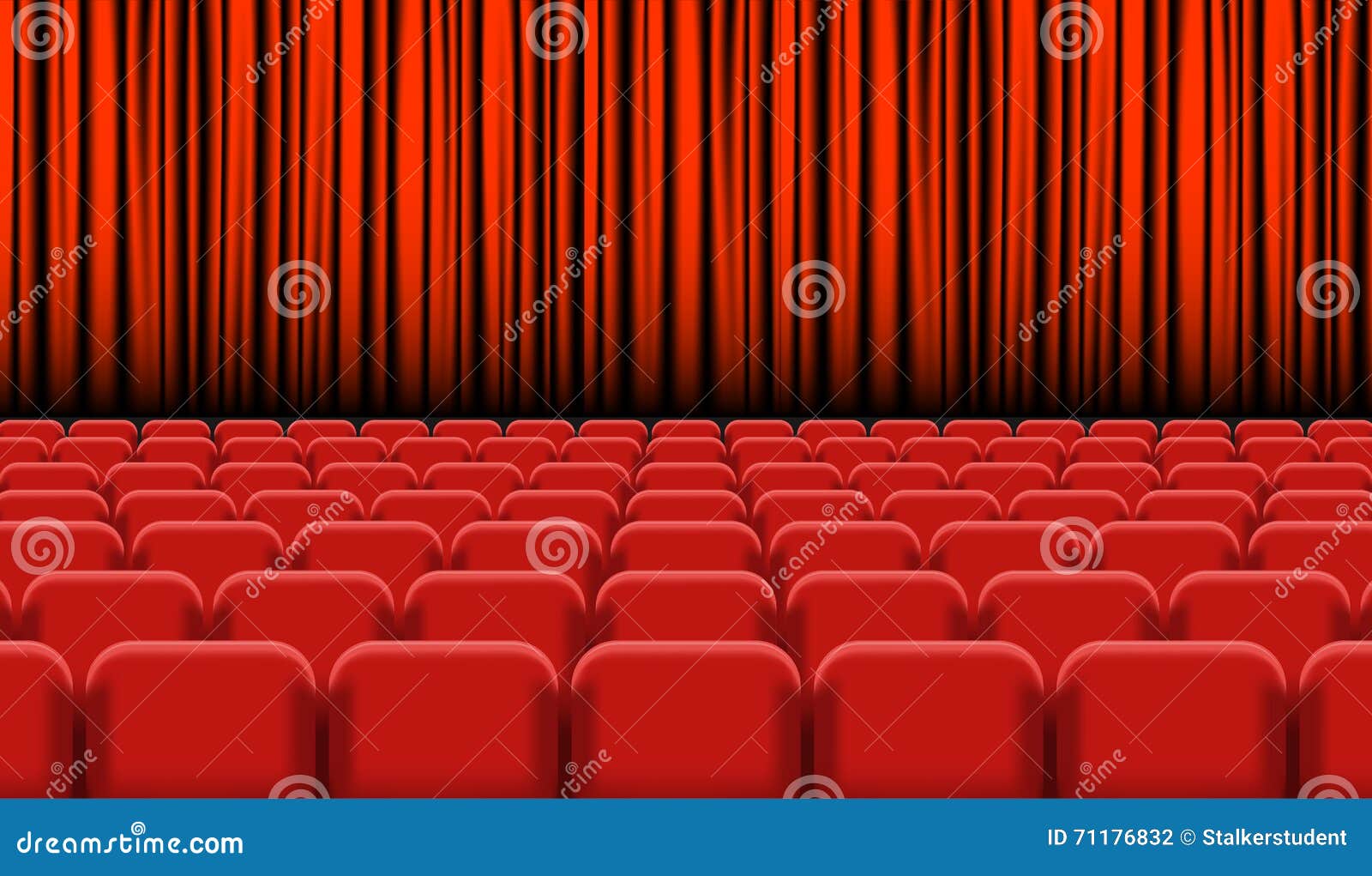 Theater Auditorium with Rows of Red Seats and Stage with Curtain Stock ...