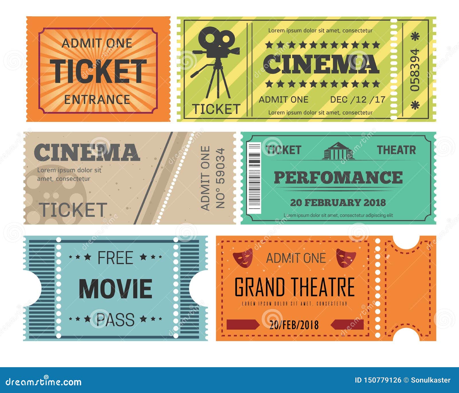 Theater And Cinema Tickets Admission Or Paper Pass Isolated Objects