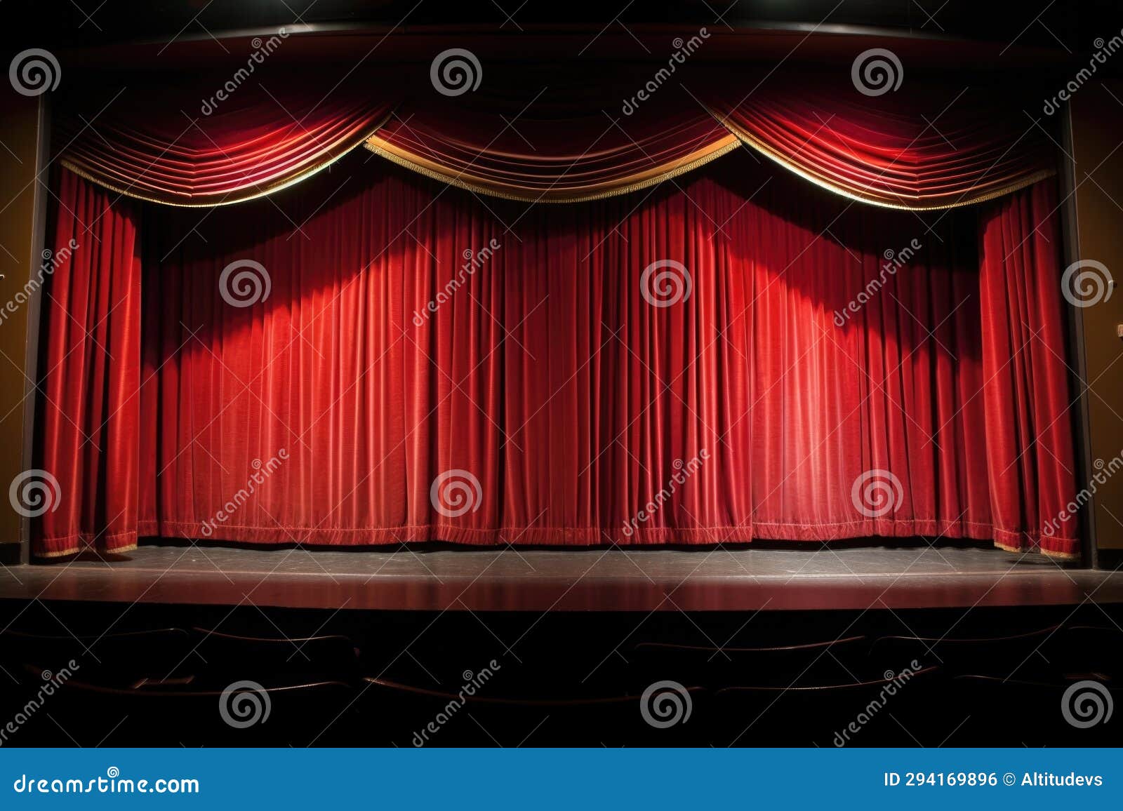Theater Stage Curtains Closed Under Bright Spotlight Stock Photo