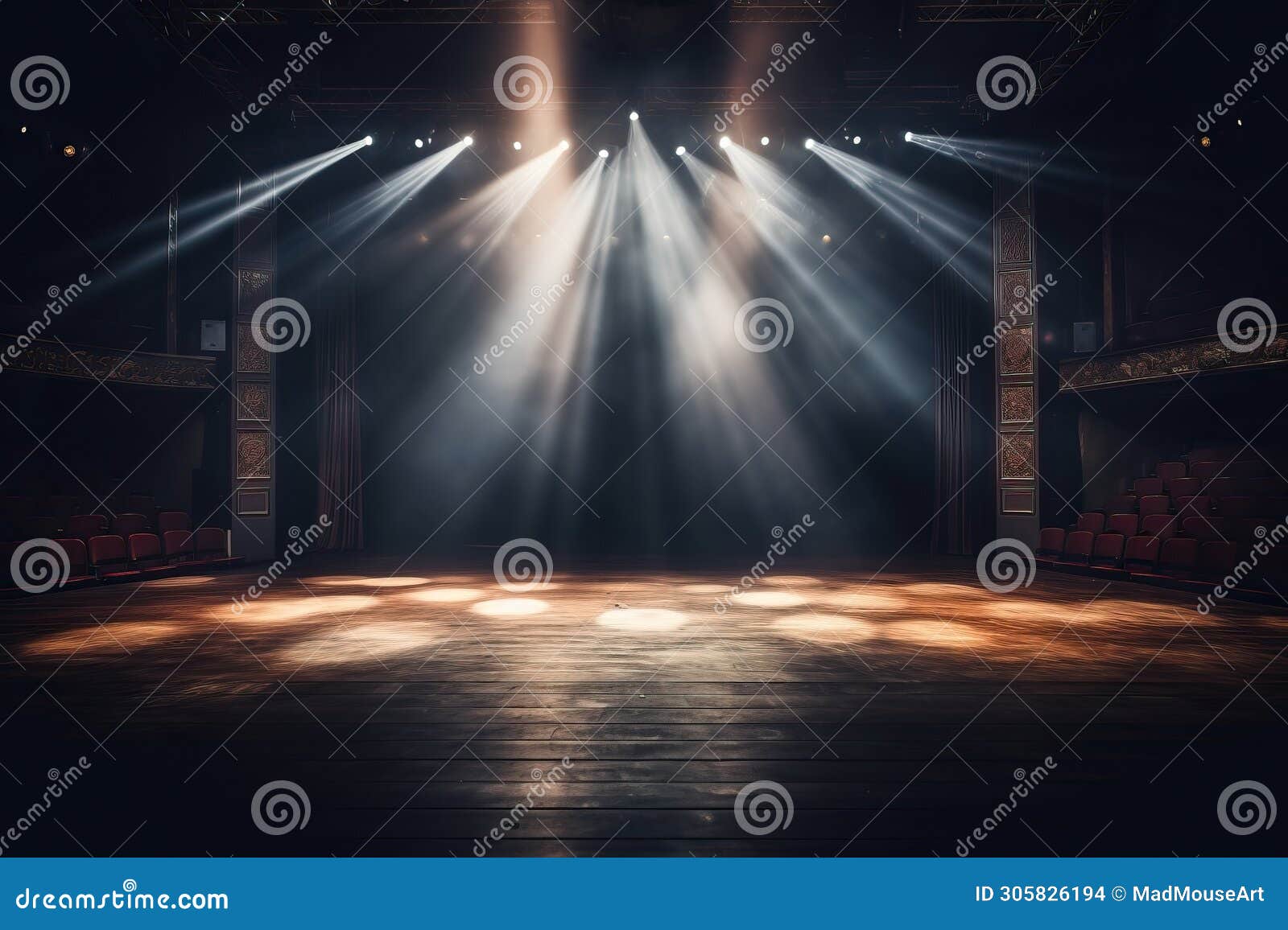 Theater Stage with Floodlights and Seats. the Scene of the Theater