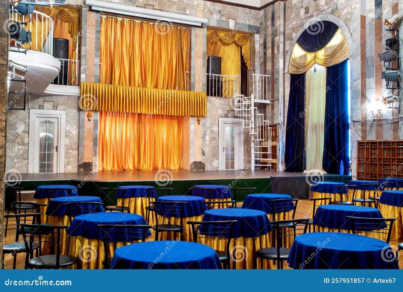 Theater Stage in Front of Tables in an Empty Caf Stock Image Image of