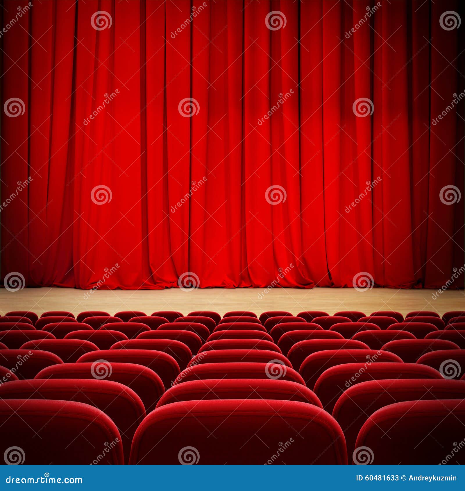 theatre red curtain on stage with red velvet seats