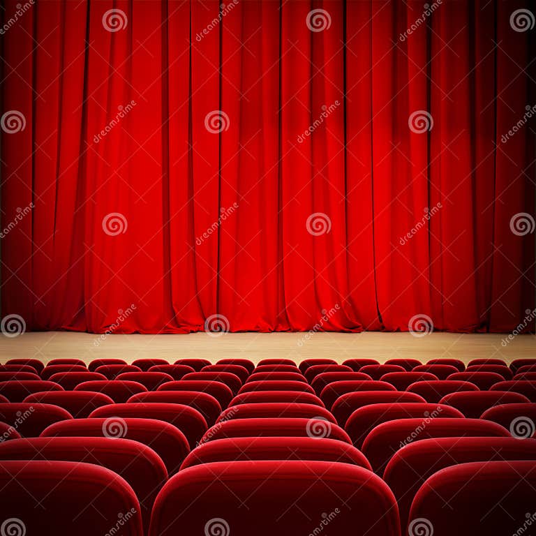 Theatre Red Curtain on Stage with Red Velvet Seats Stock Image - Image ...