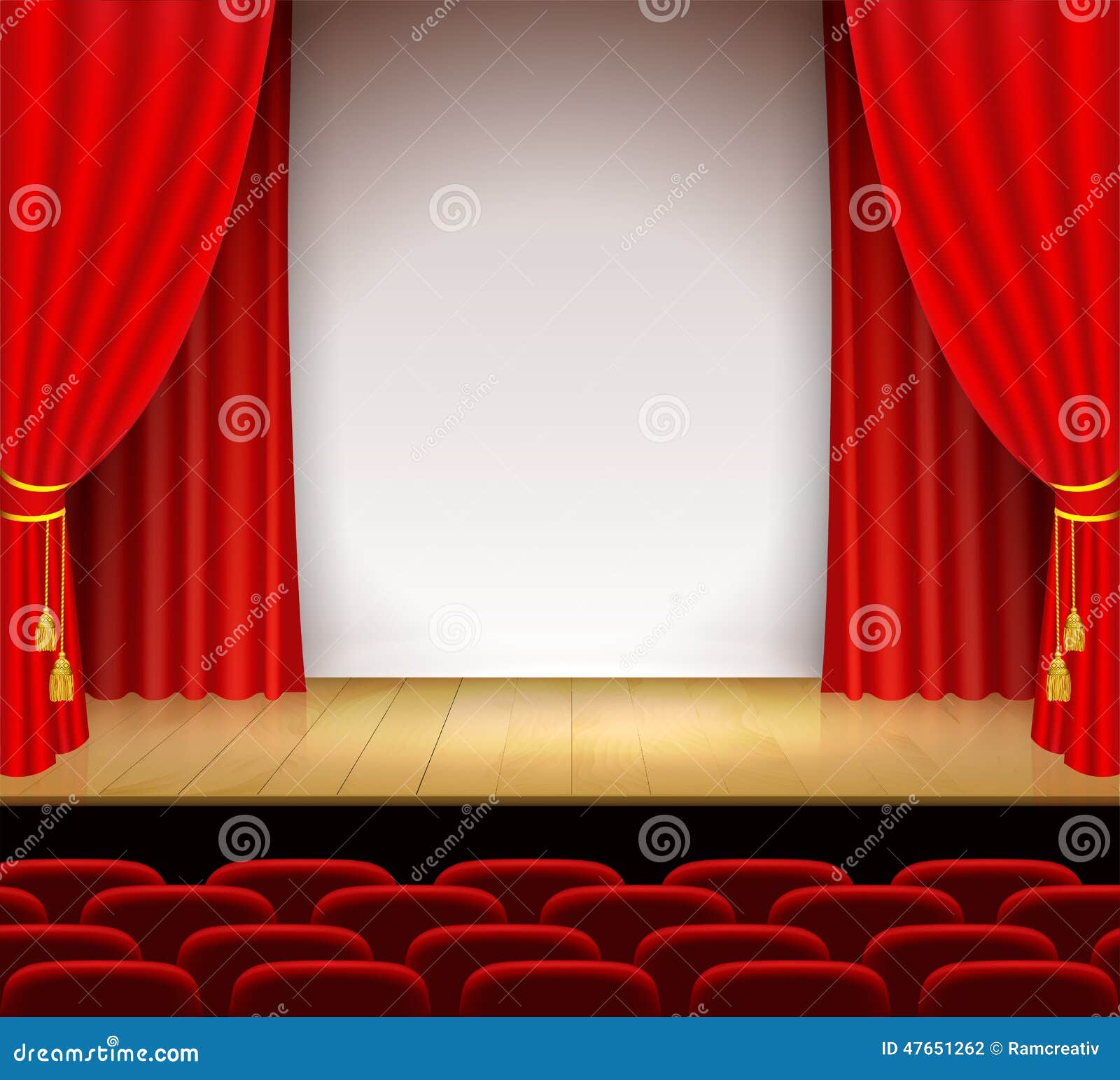 Theatrical scene with white a stand and red curtain. Illustration