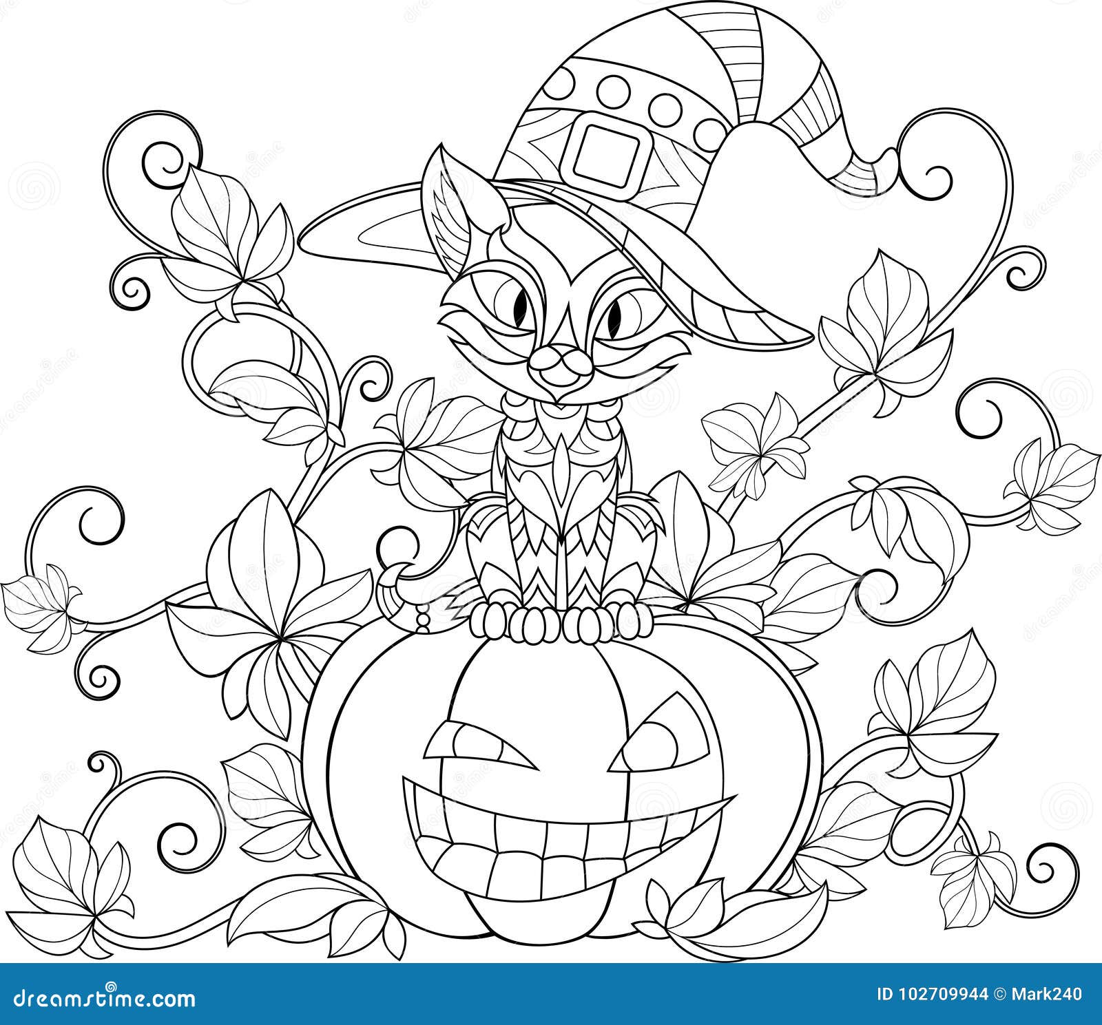 Vetor do Stock: Coloring page. Black and white vector illustration with  happy pumpkin in witch hat. Lettering `Happy Halloween`.