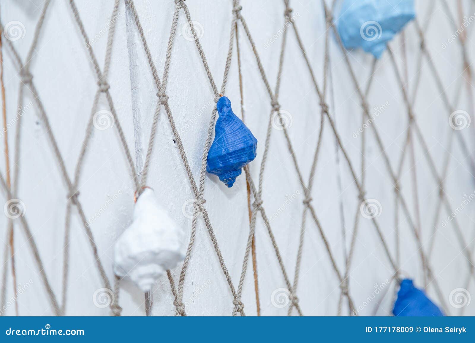 Thematic Sea Party Decorations, Blue and White Painted Sea Shells Hanging  on Fish Net. Boy Birthday Party Stock Image - Image of painted, conceptual:  177178009