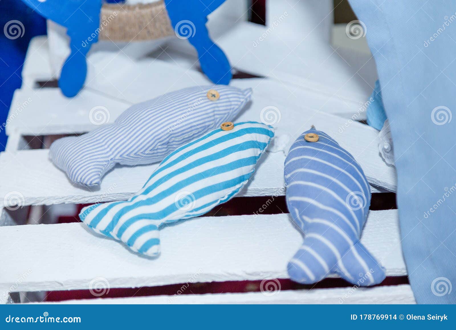 Thematic Sea Party Decorations - Soft Fish Toys Stitched from Blue Stripy  Fabric. Birthday Toys for Boy Fishing Game Stock Photo - Image of decor,  object: 178769914