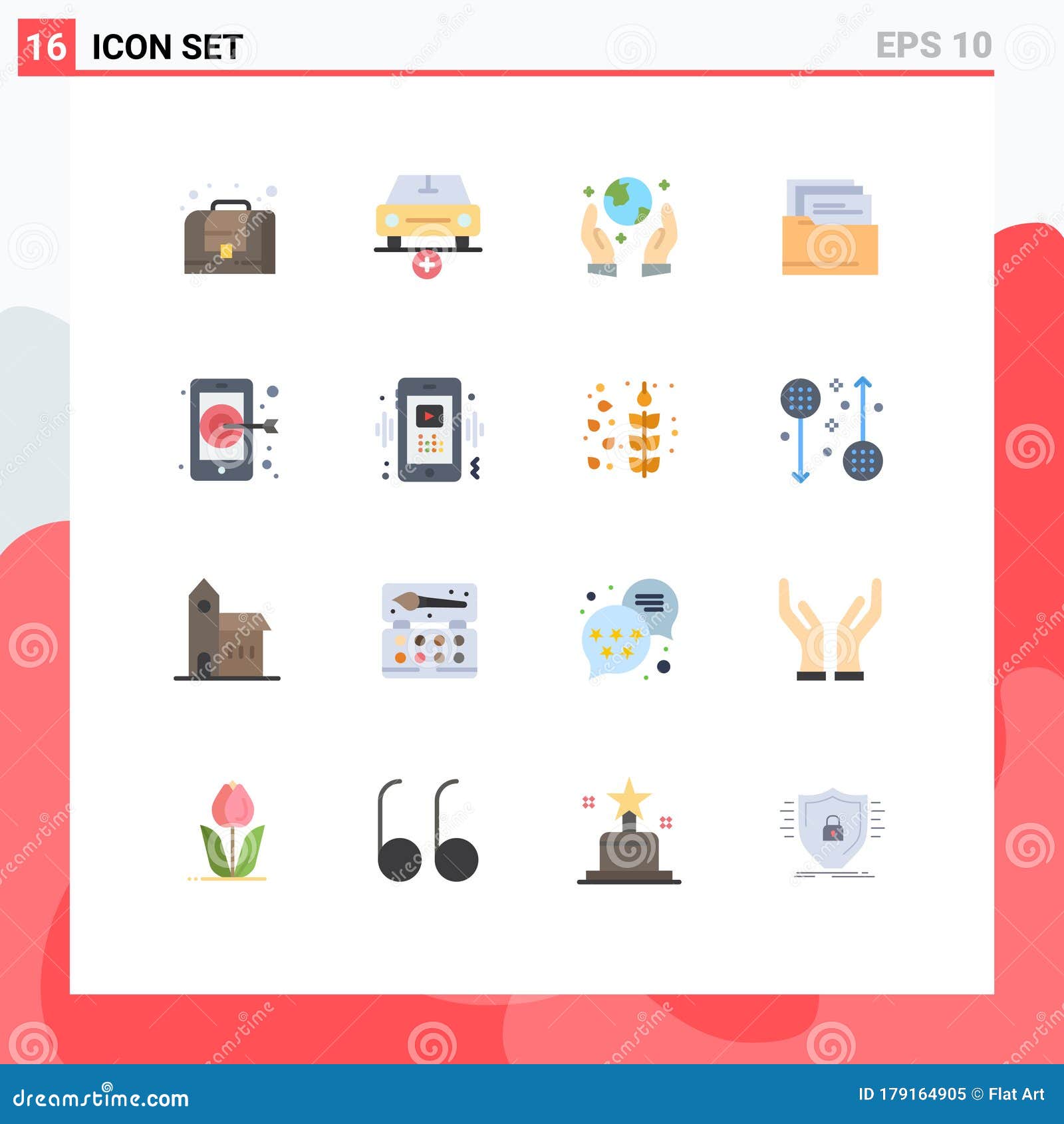 16 thematic  flat colors and editable s of phone, target, earth saving, digital, files