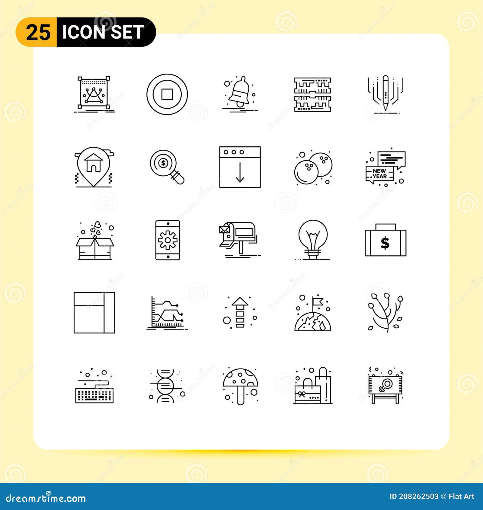 25 thematic  lines and editable s of art, digital art, notification, dimm, component