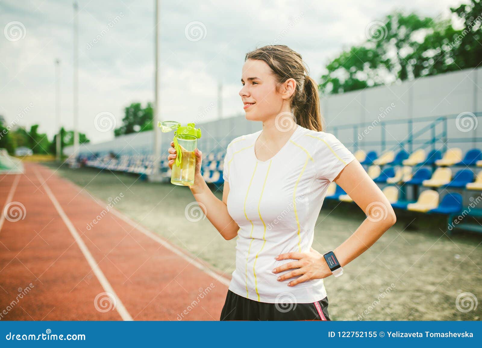 Theme is Sport and Health. Beautiful Young Caucasian Woman with Big Breasts  Athlete Runner Stands Resting on Running Stock Image - Image of active,  athlete: 122752155