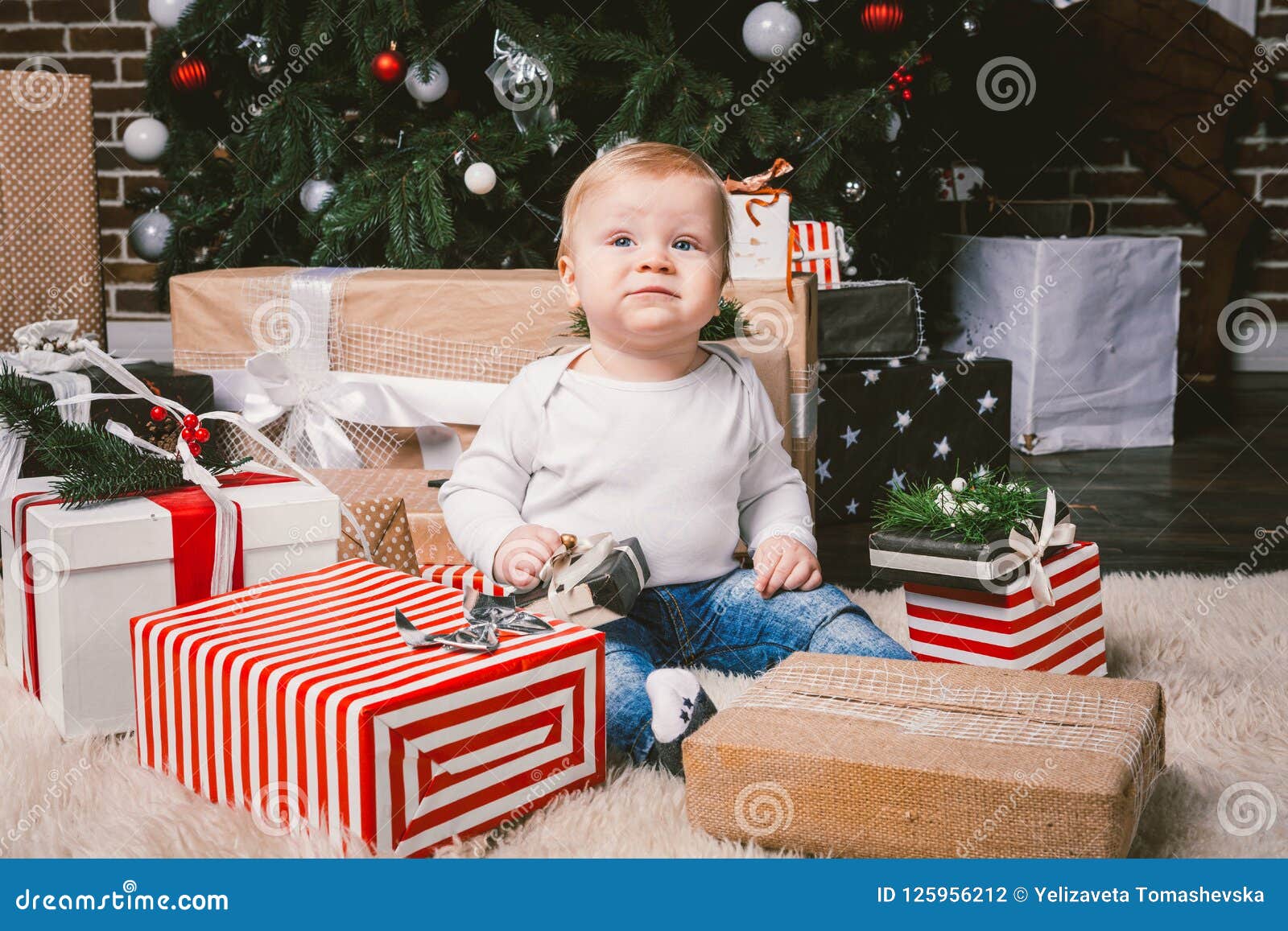 Theme Winter and Christmas Holidays. Child Boy Caucasian Blond 1 Year ...
