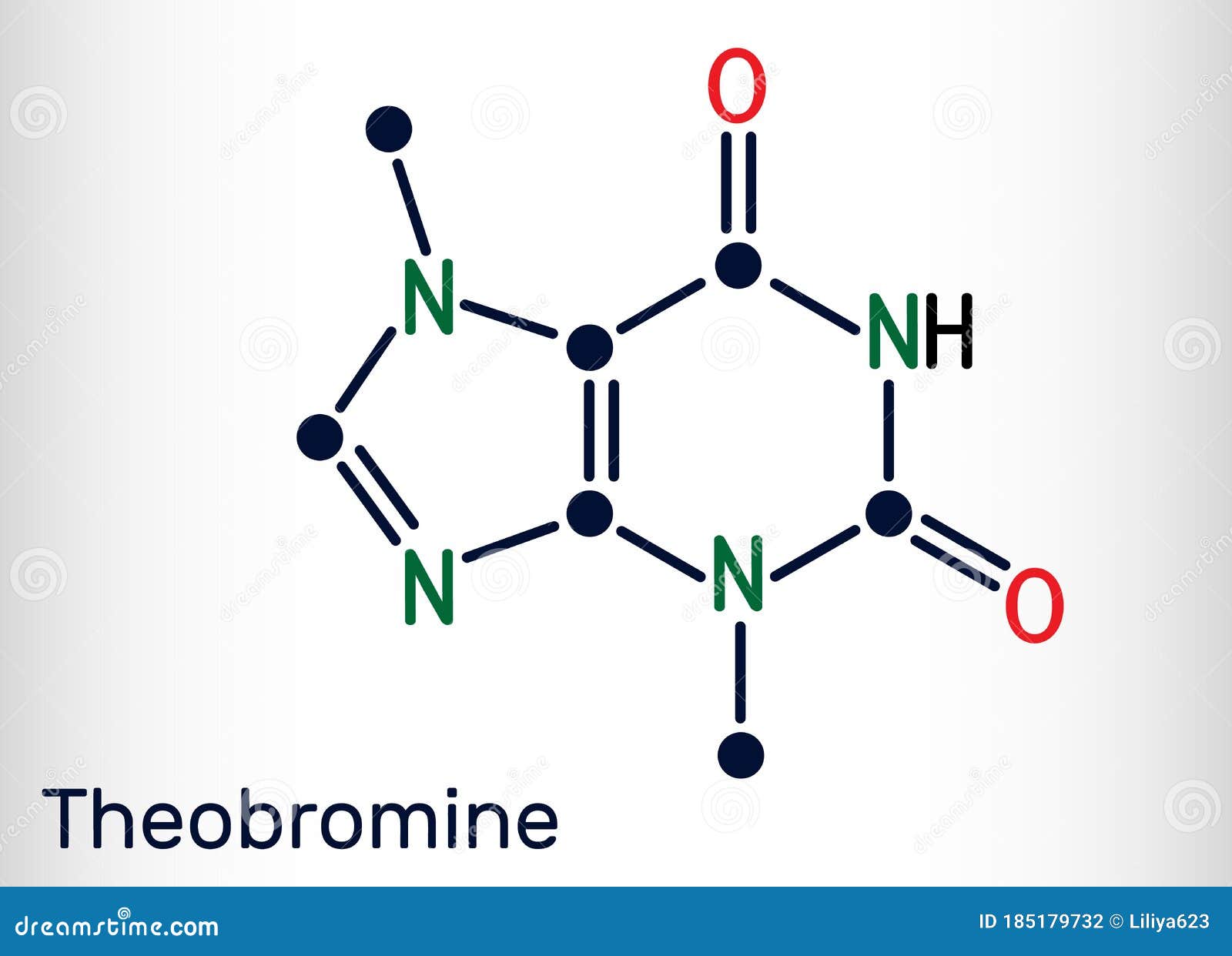 theobromine, dimethylxanthine, purine alkaloid c7h8n4o2 molecule. it is xanthine alkaloid in the cacao bean. skeletal chemical