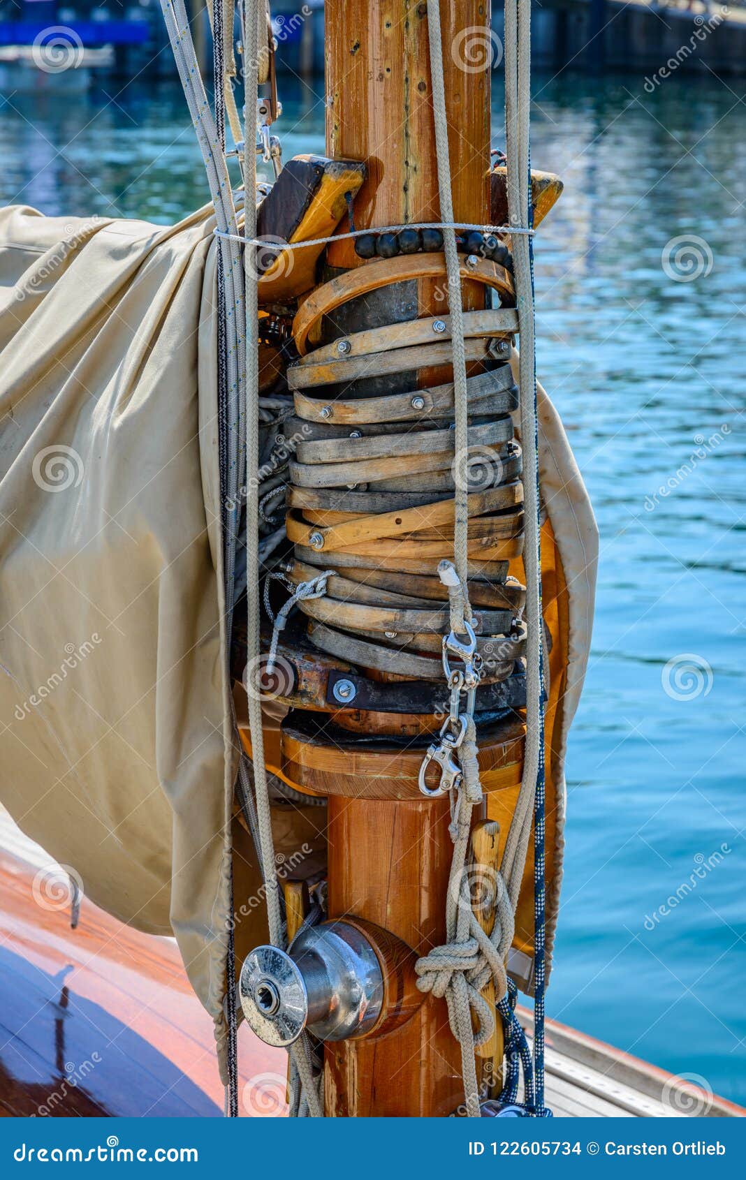 Wooden Mast An Gooseneck At A Classic Sailboat Stock Photo ...