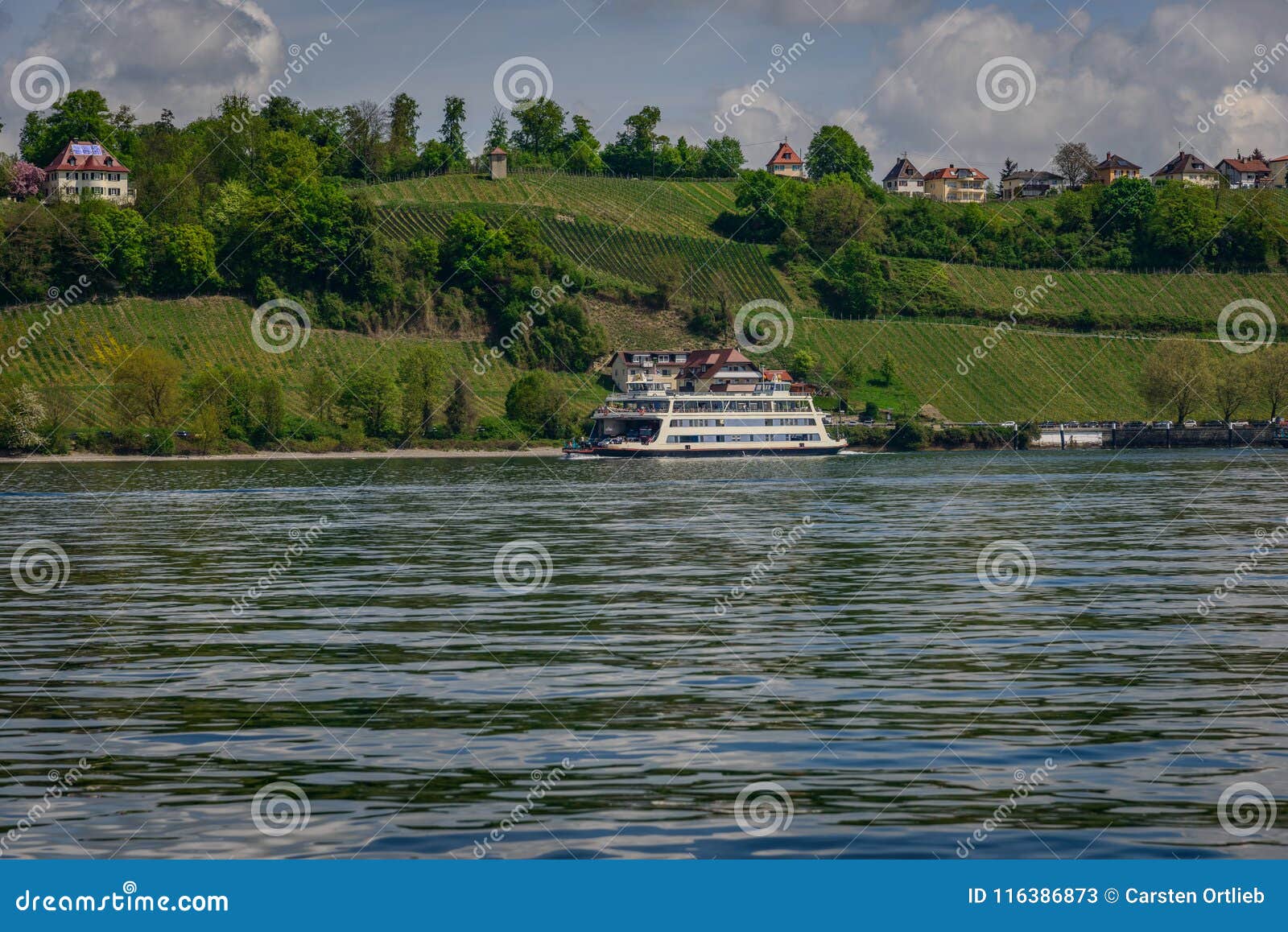a ferry ship entering a port at lake constance