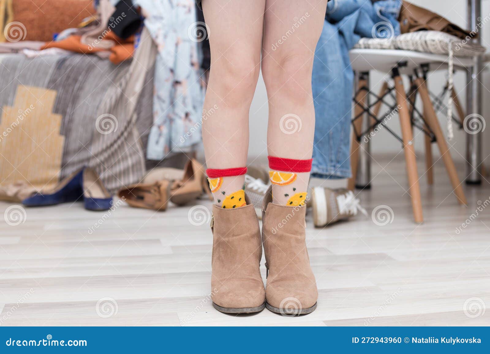 There are a Lot of Women S Clothes on the Sofa, Dresses, Jeans, Shoes on  the Chair and on the Floor. Stock Photo - Image of floor, change: 272943888