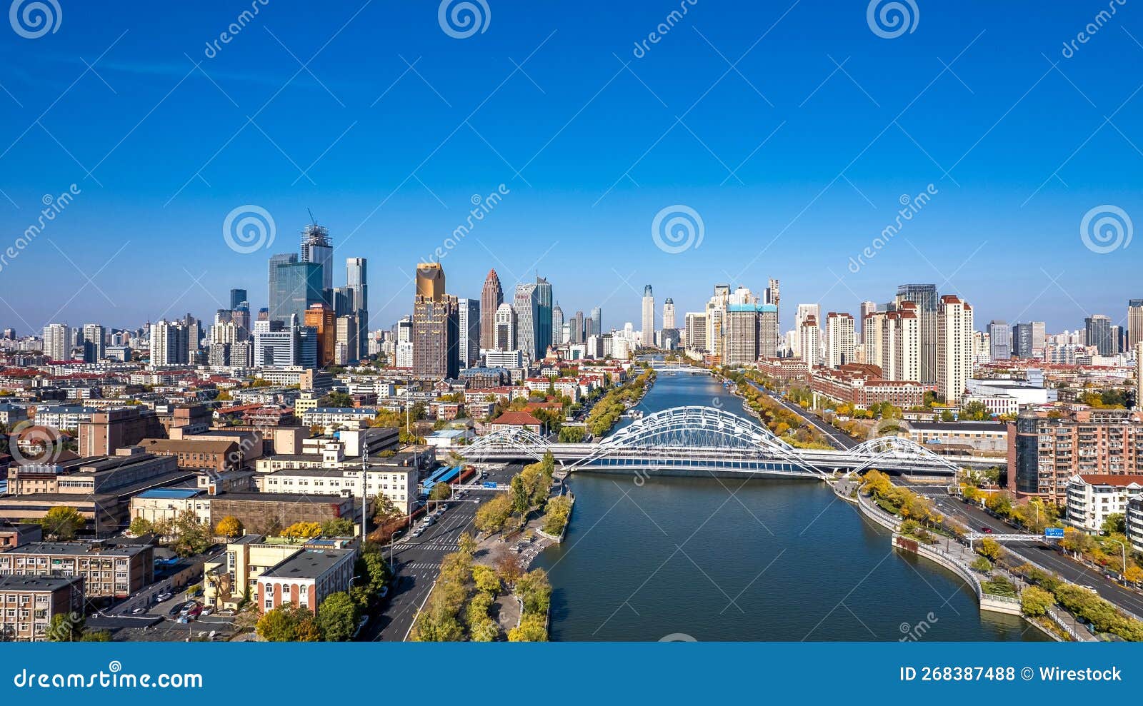 aerial photo of coastal cities along the haihe river scenic line in tianjin, china