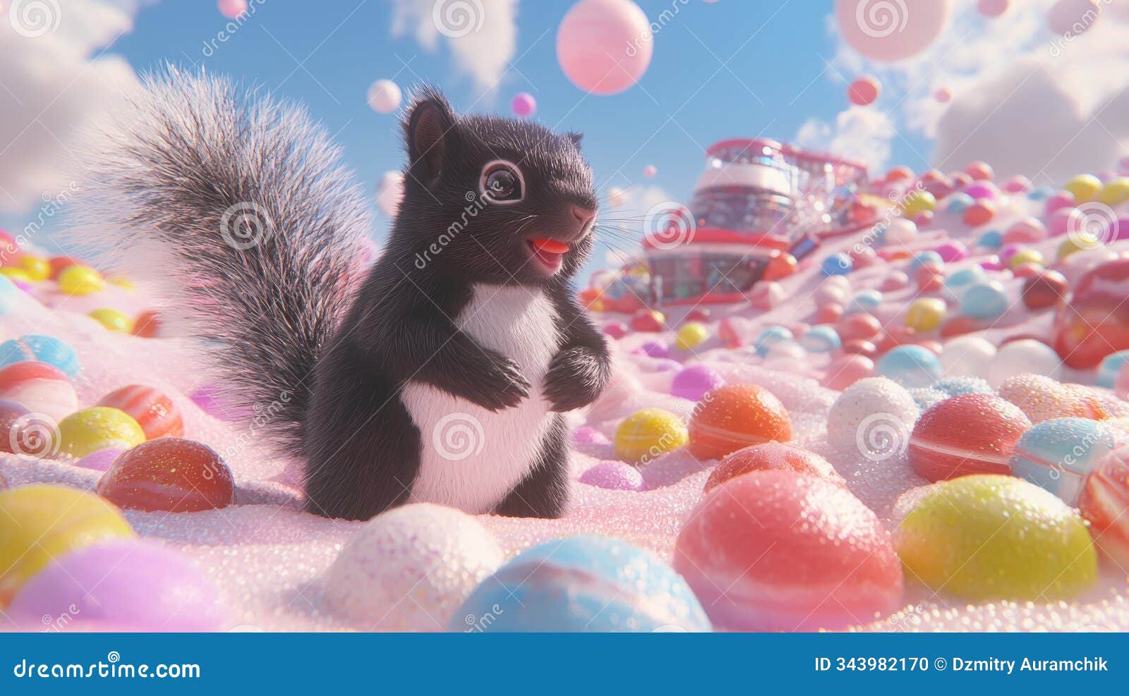 there's something surreal about a skunk float in a surreal landscape, surrounded by whimsical s and dreamlike